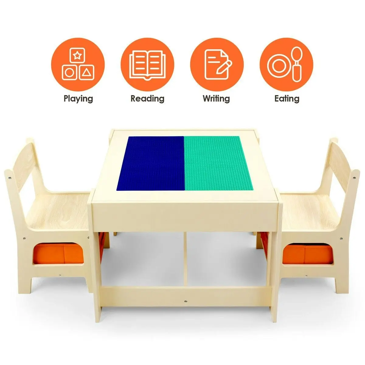 Kidbot  Kids Lego Table and Chair Set Wooden Childrens Multifunctional Desk Activity Play Centre Baseplate Chalkboard