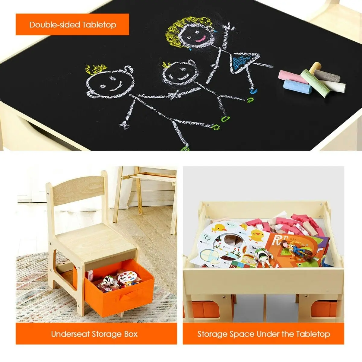 Kidbot  Kids Lego Table and Chair Set Wooden Childrens Multifunctional Desk Activity Play Centre Baseplate Chalkboard