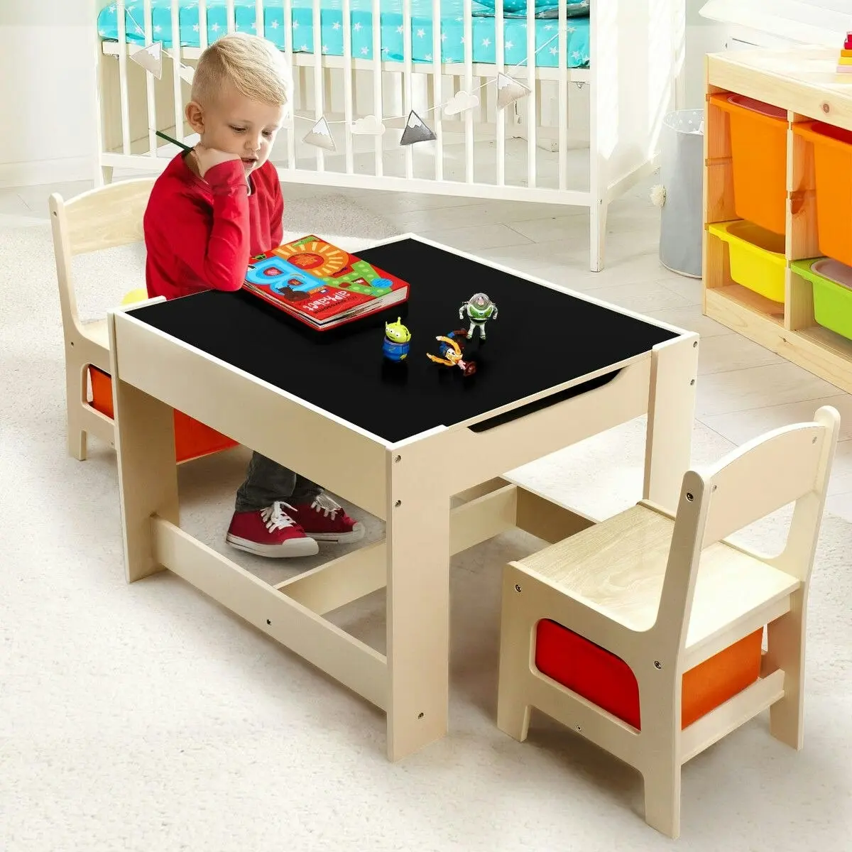 Kidbot  Kids Lego Table and Chair Set Wooden Childrens Multifunctional Desk Activity Play Centre Baseplate Chalkboard