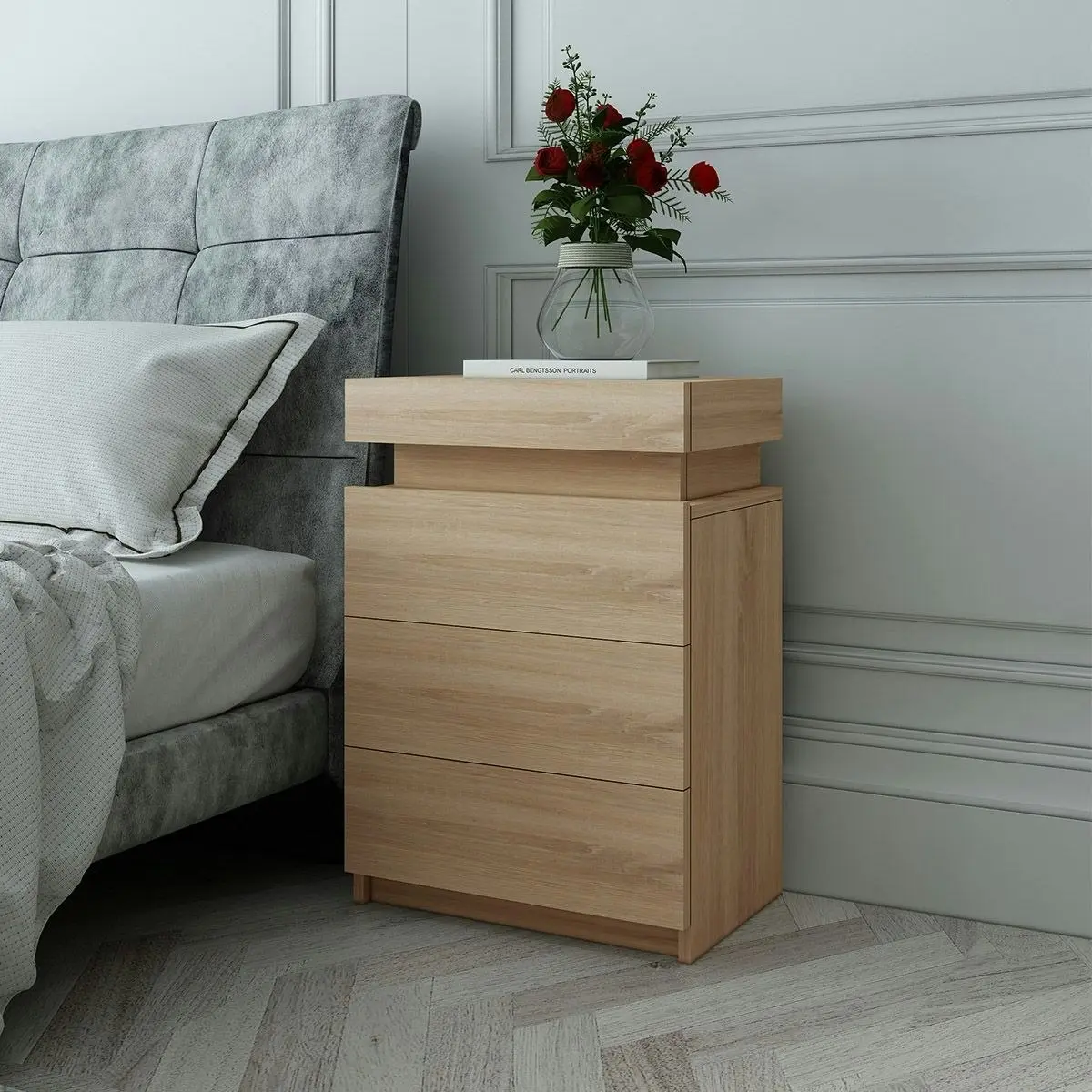 Ausway Oak Modern Nightstand Bedside Tables 3 Drawers High Gloss Front