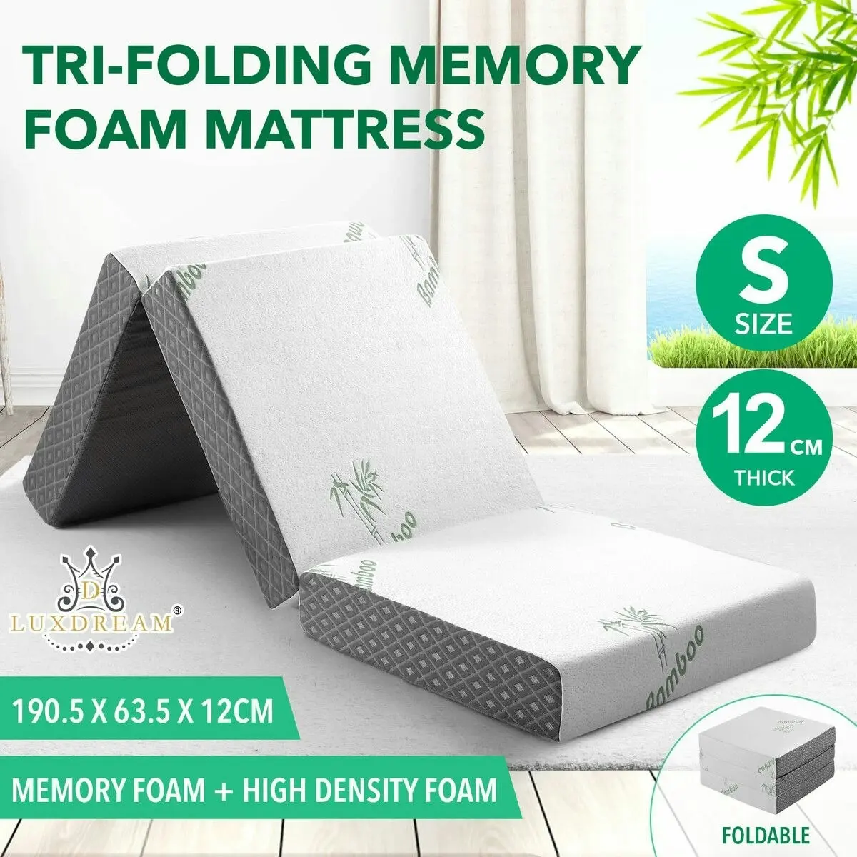 Luxdream Single Foam Mattress Trifold Sofa Bed Folding Camping Floor Portable Sleeping Mat Cushion with Removable Bamboo Cover