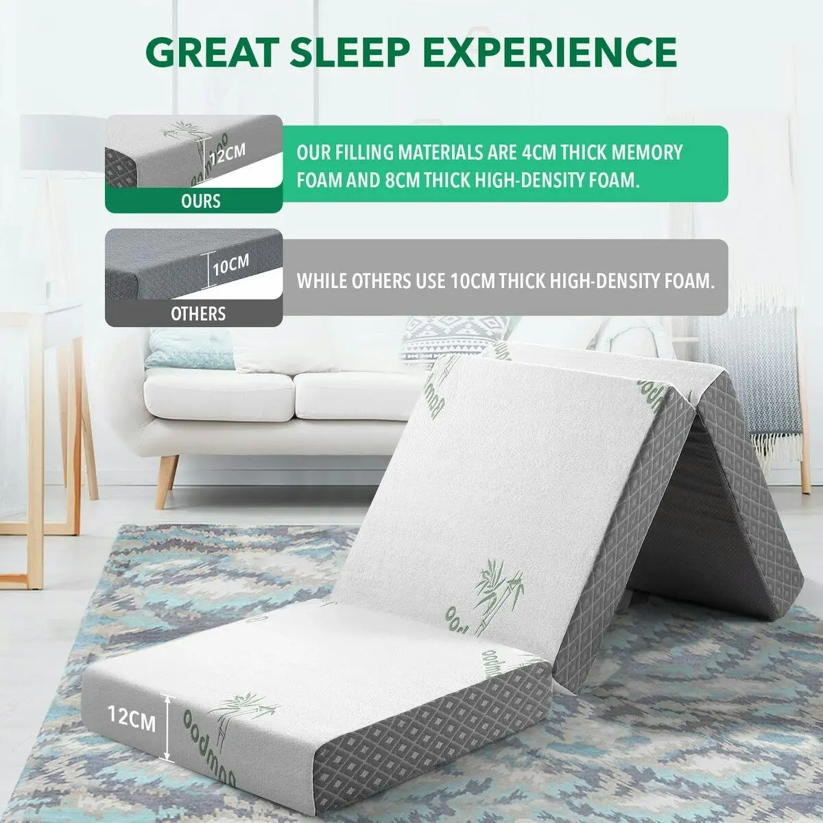 Luxdream Single Foam Mattress Trifold Sofa Bed Folding Camping Floor Portable Sleeping Mat Cushion with Removable Bamboo Cover