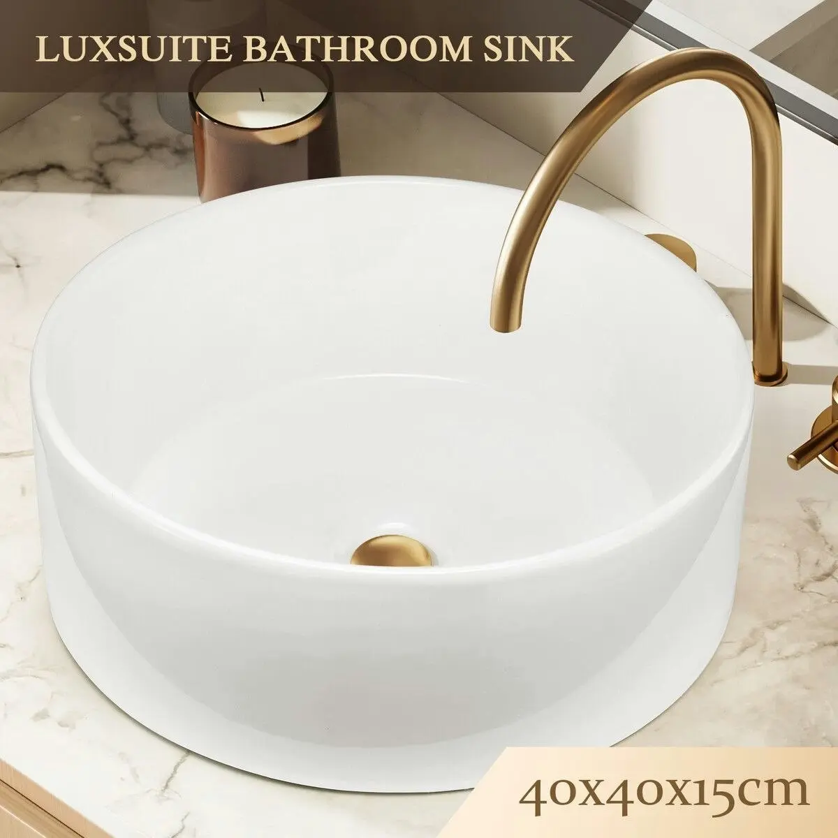 LUXSUITE White Bathroom Sink Vessel Hand Wash Basin Vanity Washing Bowl Above Counter Toilet Bath Countertop Ceramic Modern Round