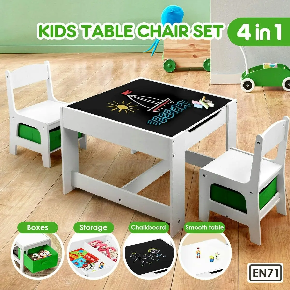 Kidbot  Childrens Lego Table and Chair Set 2 in 1 with Chalkboard Wooden Kids Multifunctional Desk Activity Play Centre