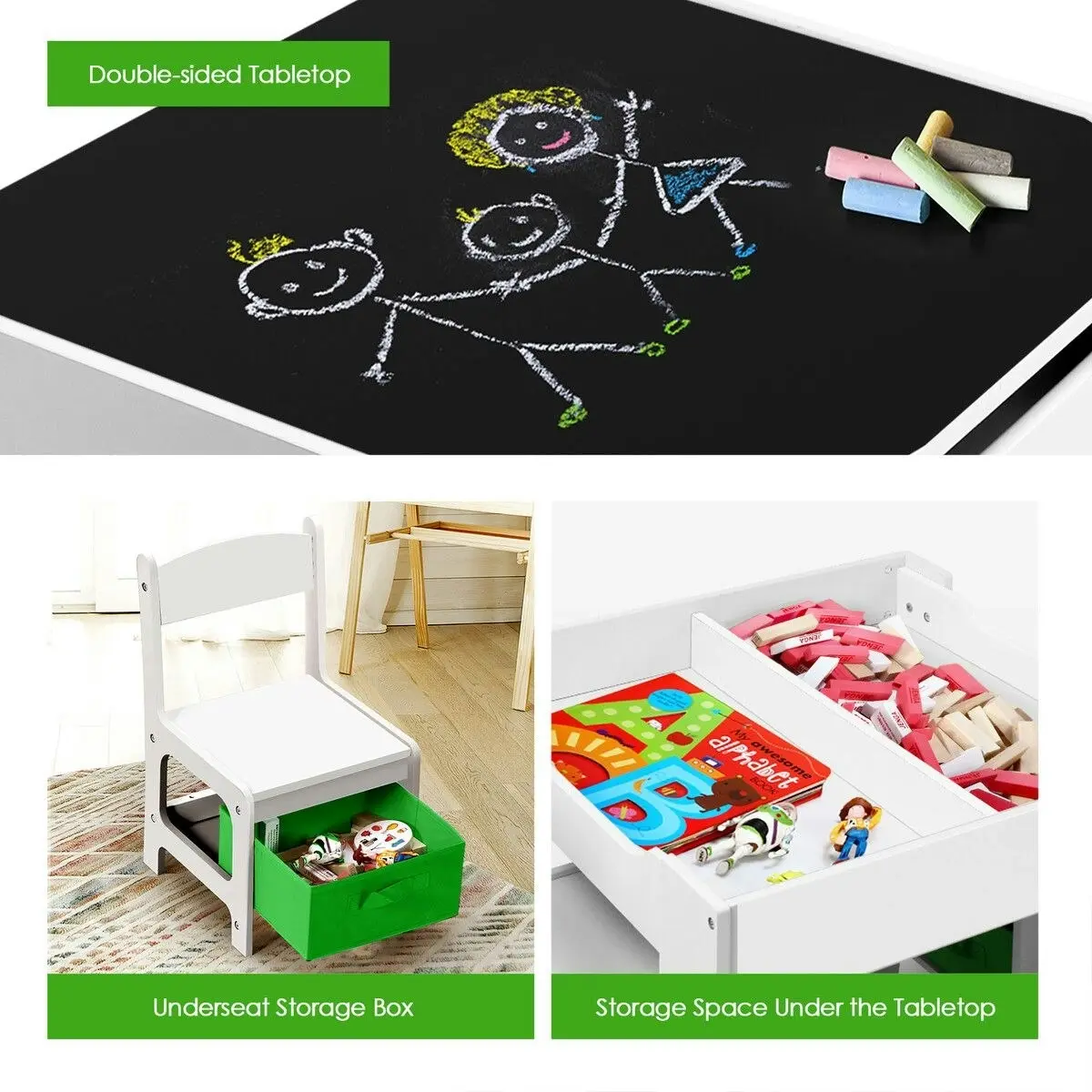 Kidbot  Childrens Lego Table and Chair Set 2 in 1 with Chalkboard Wooden Kids Multifunctional Desk Activity Play Centre