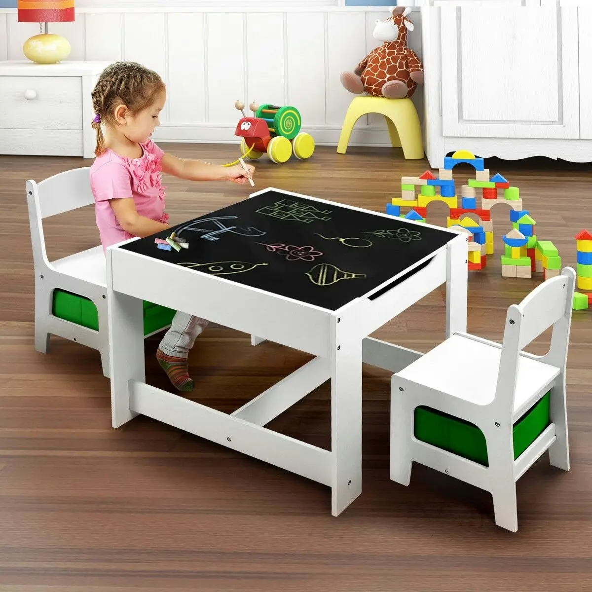 Kidbot  Childrens Lego Table and Chair Set 2 in 1 with Chalkboard Wooden Kids Multifunctional Desk Activity Play Centre