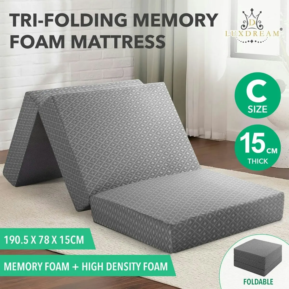 Luxdream Folding Foam Mattress Trifold Sofa Bed Camping Floor Portable Sleeping Mat Extra Thick Cushion Removable Cover Cot Size