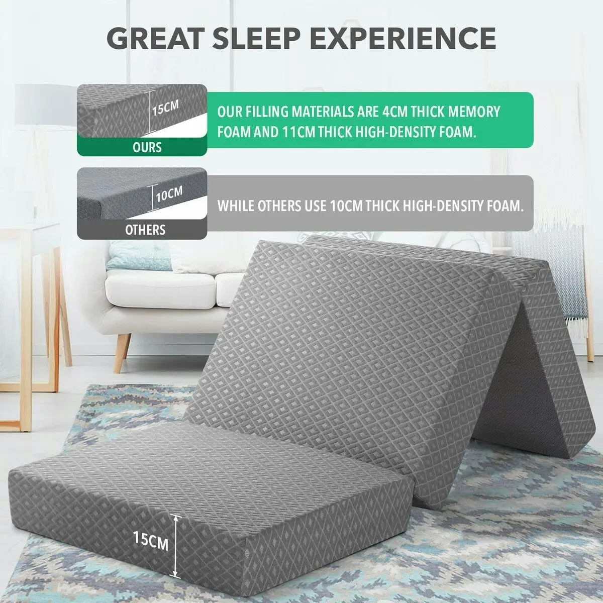 Luxdream Folding Foam Mattress Trifold Sofa Bed Camping Floor Portable Sleeping Mat Extra Thick Cushion Removable Cover Cot Size