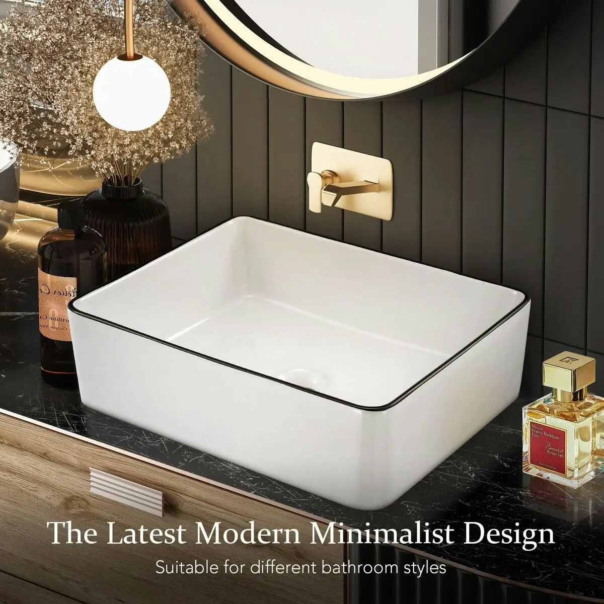 LUXSUITE White Bathroom Sink Vessel Washing Basin Vanity Hand Wash Bowl Above Counter Bath Toilet Countertop Modern Ceramic Rectangle