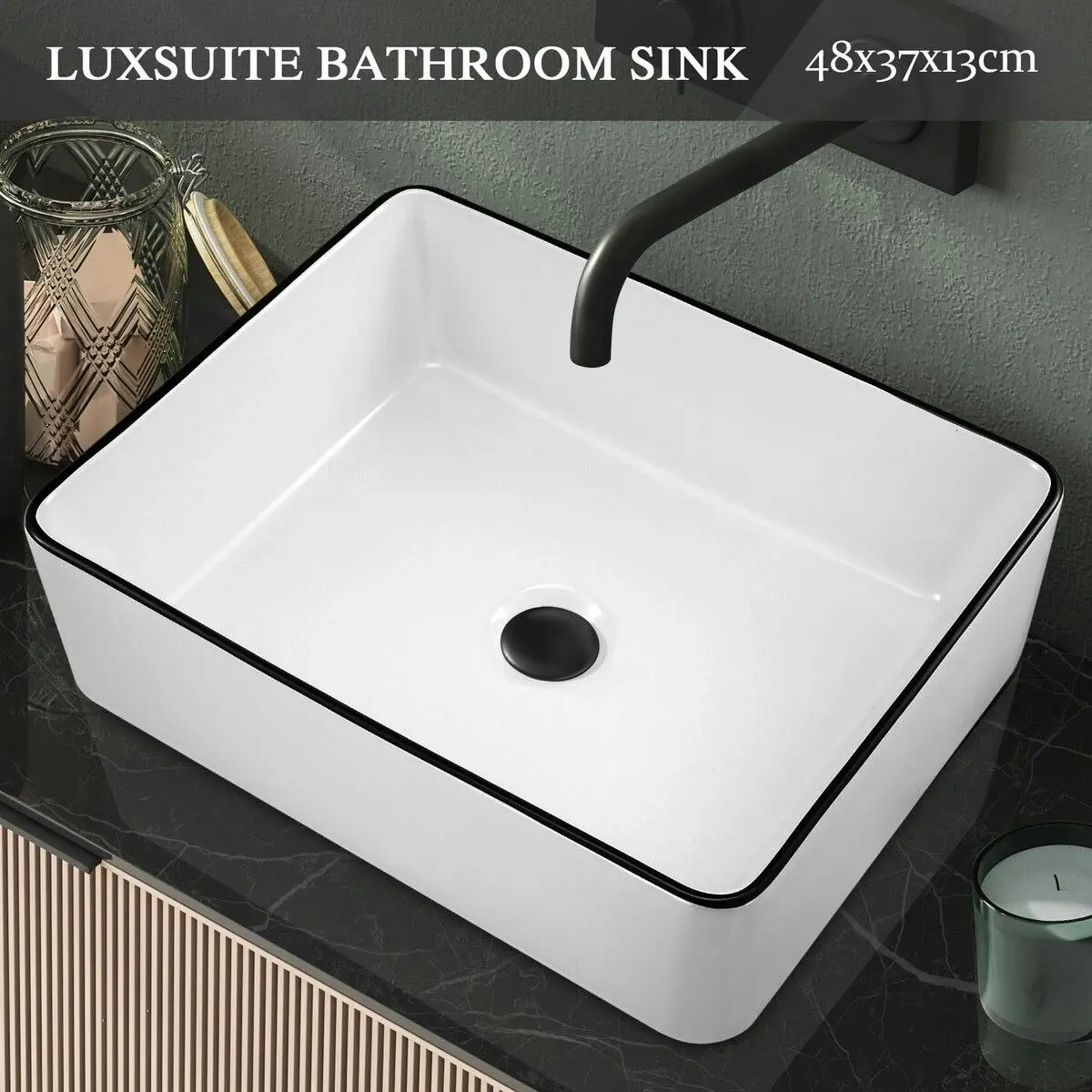 LUXSUITE White Bathroom Sink Vessel Washing Basin Vanity Hand Wash Bowl Above Counter Bath Toilet Countertop Modern Ceramic Rectangle