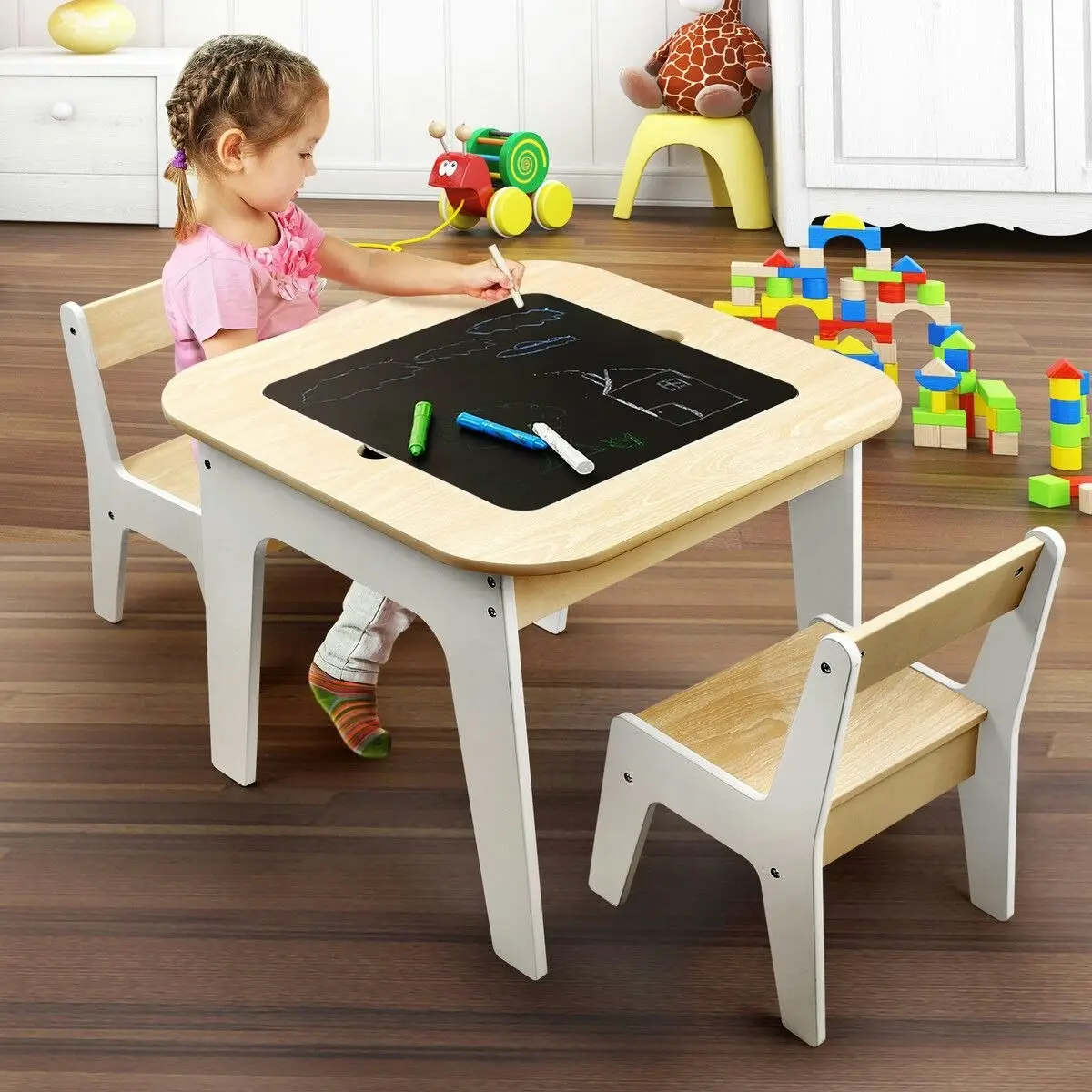 Kidbot  Lego Table and Chair Set Childrens Kids Activity Play Centre Wooden Multifunctional Desk with Storage Space