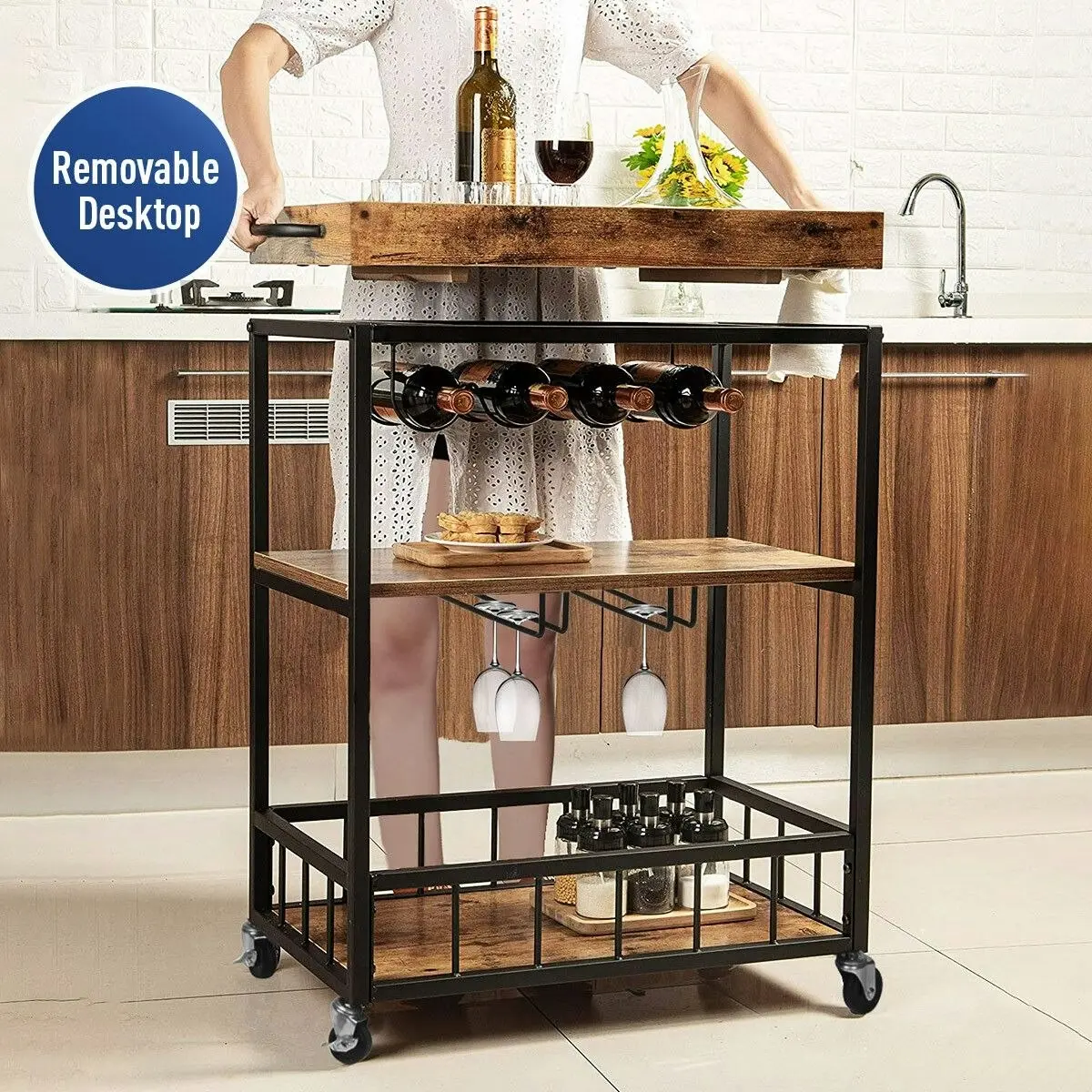 Ausway Rolling Bar Cart Mobile Drinks Coffee Tea Serving Trolley Wine Rack Glass Holder Removable Top Tray Brown