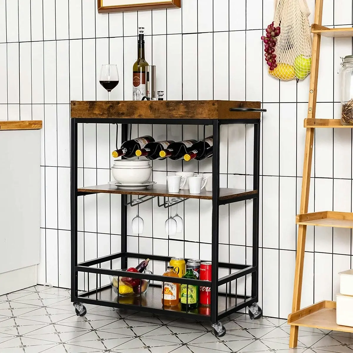 Ausway Rolling Bar Cart Mobile Drinks Coffee Tea Serving Trolley Wine Rack Glass Holder Removable Top Tray Brown