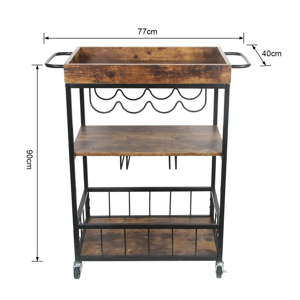 Ausway Rolling Bar Cart Mobile Drinks Coffee Tea Serving Trolley Wine Rack Glass Holder Removable Top Tray Brown