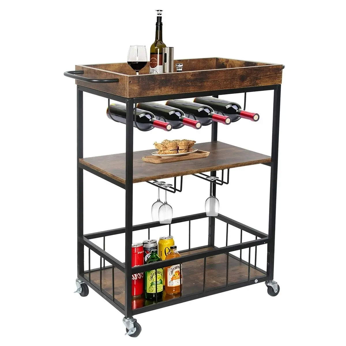 Ausway Rolling Bar Cart Mobile Drinks Coffee Tea Serving Trolley Wine Rack Glass Holder Removable Top Tray Brown