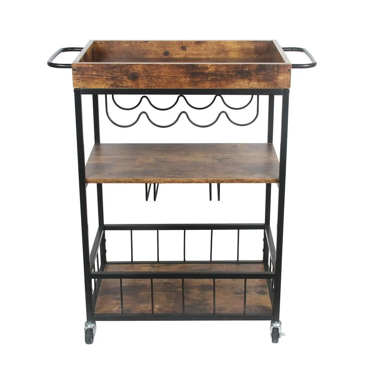 Ausway Rolling Bar Cart Mobile Drinks Coffee Tea Serving Trolley Wine Rack Glass Holder Removable Top Tray Brown