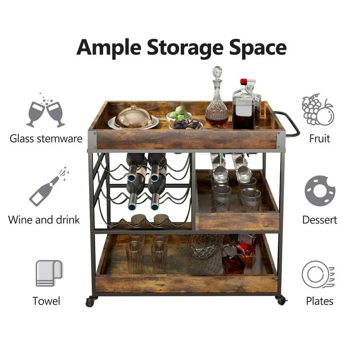 Ausway 3 Tier Bar Cart Drinks Trolley with Wine Racks Wine Coffee Tea Kitchen Serving Outdoor Storage Shelves 4 Wheels