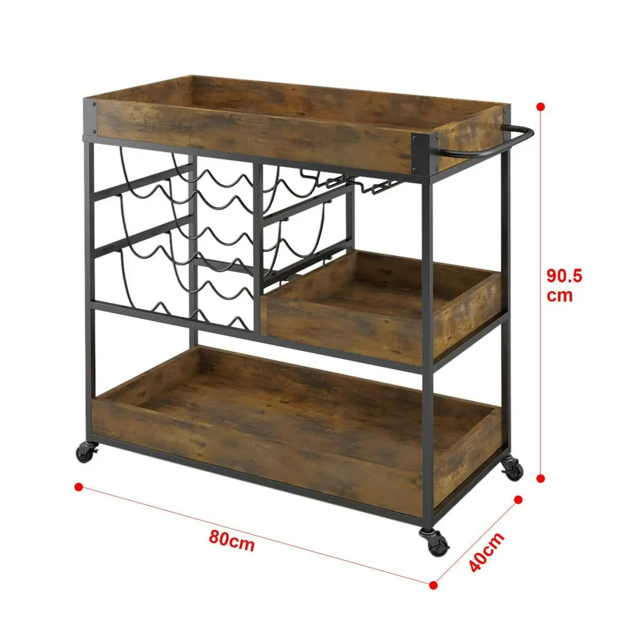 Ausway 3 Tier Bar Cart Drinks Trolley with Wine Racks Wine Coffee Tea Kitchen Serving Outdoor Storage Shelves 4 Wheels