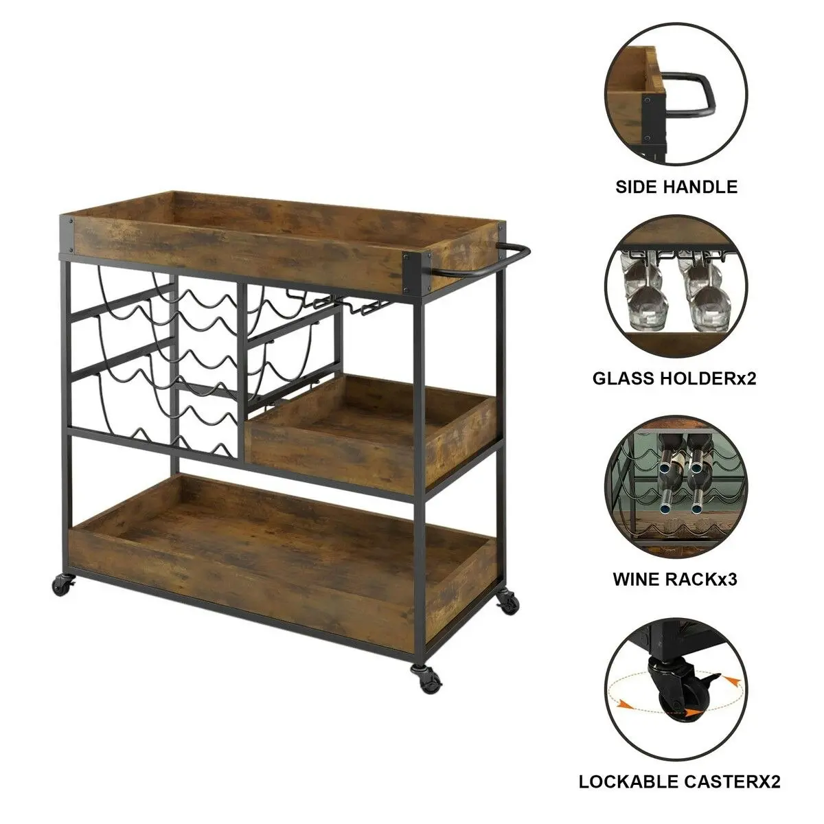 Ausway 3 Tier Bar Cart Drinks Trolley with Wine Racks Wine Coffee Tea Kitchen Serving Outdoor Storage Shelves 4 Wheels