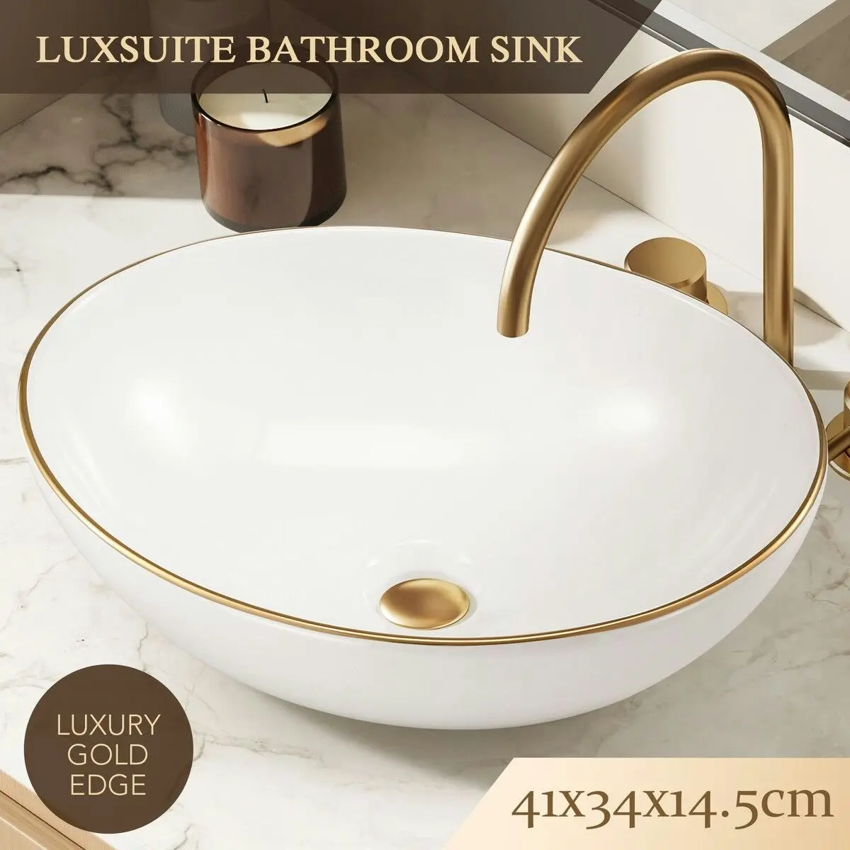 LUXSUITE White Bathroom Sink Vessel Wash Basin Washing Vanity Bowl Above Counter Hand Toilet Bath Countertop Modern Oval Ceramic