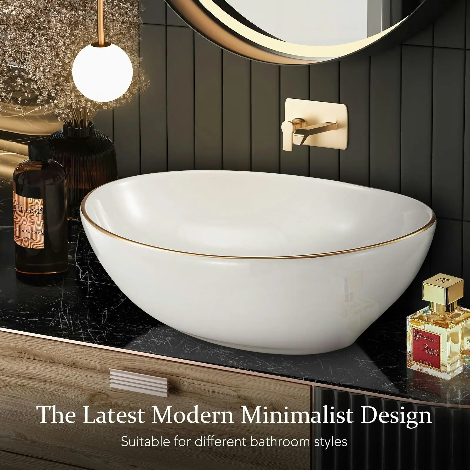 LUXSUITE White Bathroom Sink Vessel Wash Basin Washing Vanity Bowl Above Counter Hand Toilet Bath Countertop Modern Oval Ceramic