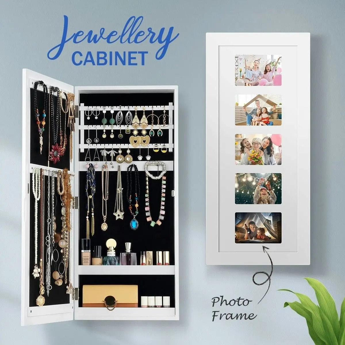 Ausway Wall Hanging Jewellery Cabinet Organizer w/ Photo Frames-White