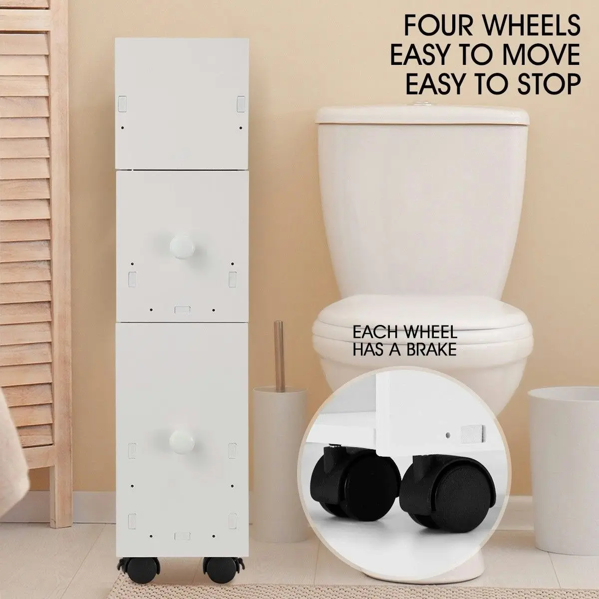 Ausway Wheeled Bathroom Cabinet Storage Drawer Organiser Toilet Caddy Tissue Box Holder