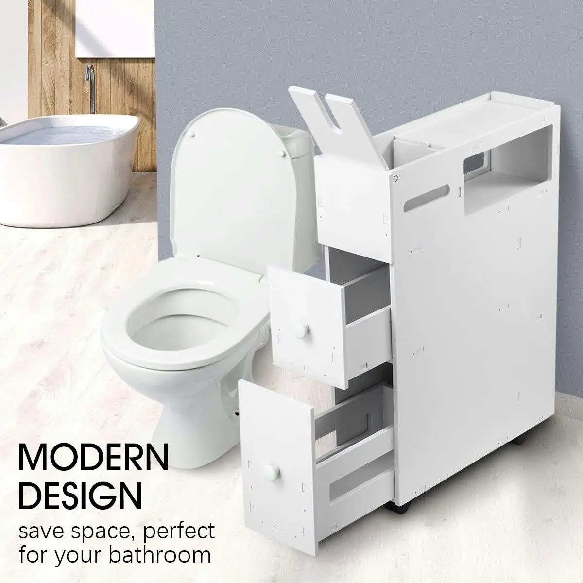 Ausway Wheeled Bathroom Cabinet Storage Drawer Organiser Toilet Caddy Tissue Box Holder