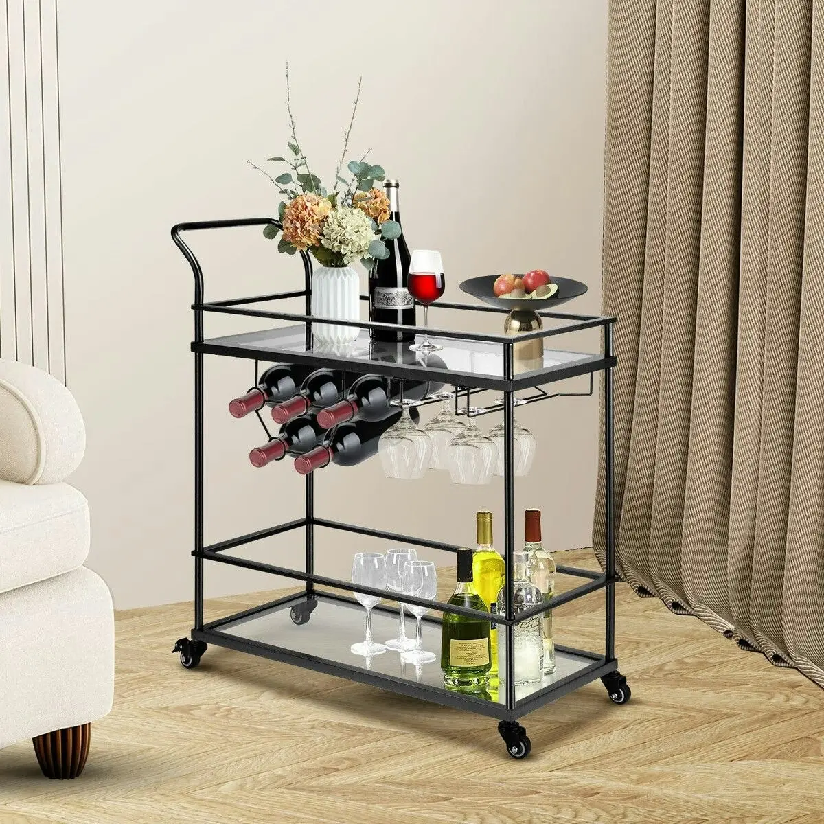 Ausway Bar Cart Black Wine Coffee Trolley Serving Drinks Liquor Tea Cocktail Alcohol Beverage Whiskey Rolling Mobile Bottle Glass Holder Home Storage