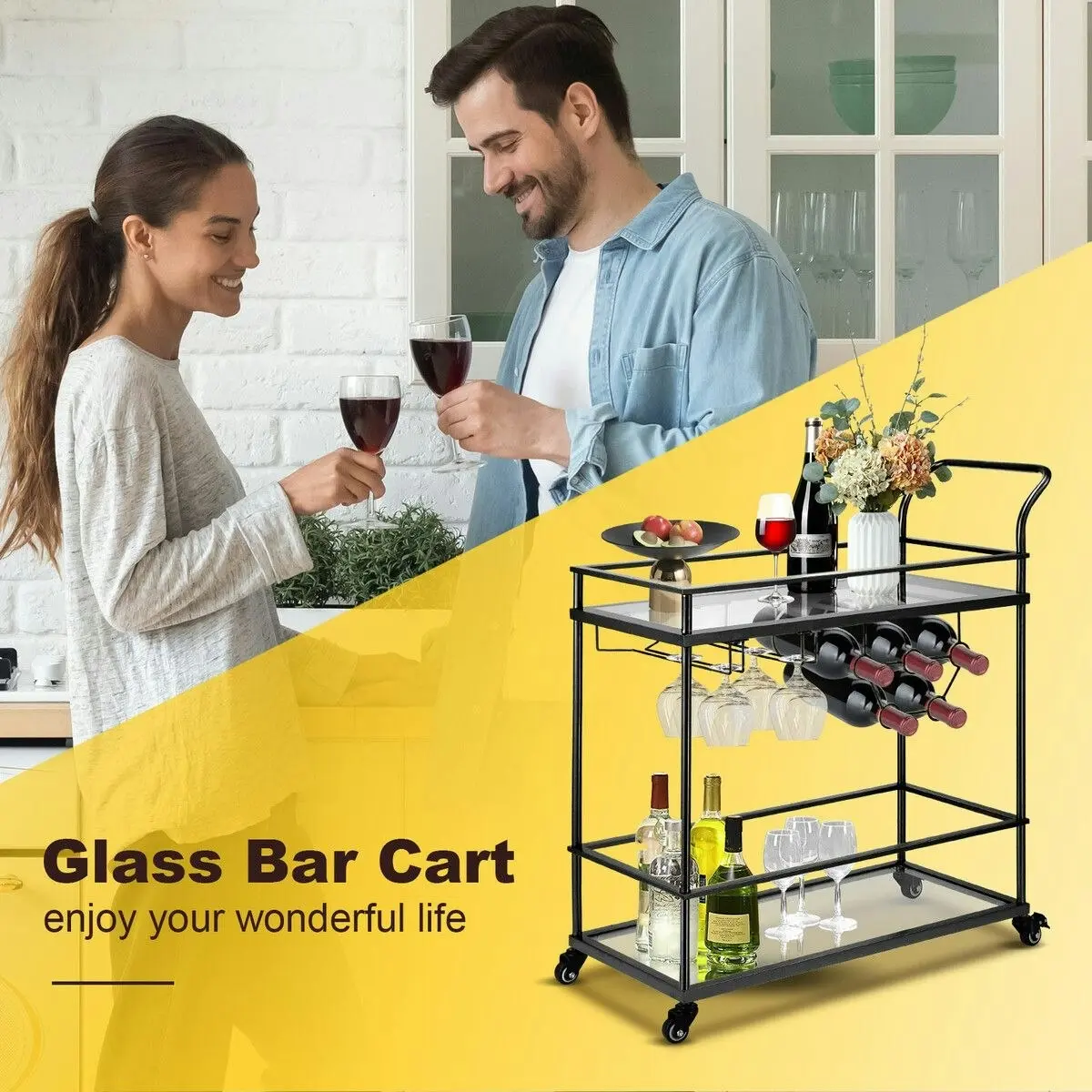 Ausway Bar Cart Black Wine Coffee Trolley Serving Drinks Liquor Tea Cocktail Alcohol Beverage Whiskey Rolling Mobile Bottle Glass Holder Home Storage