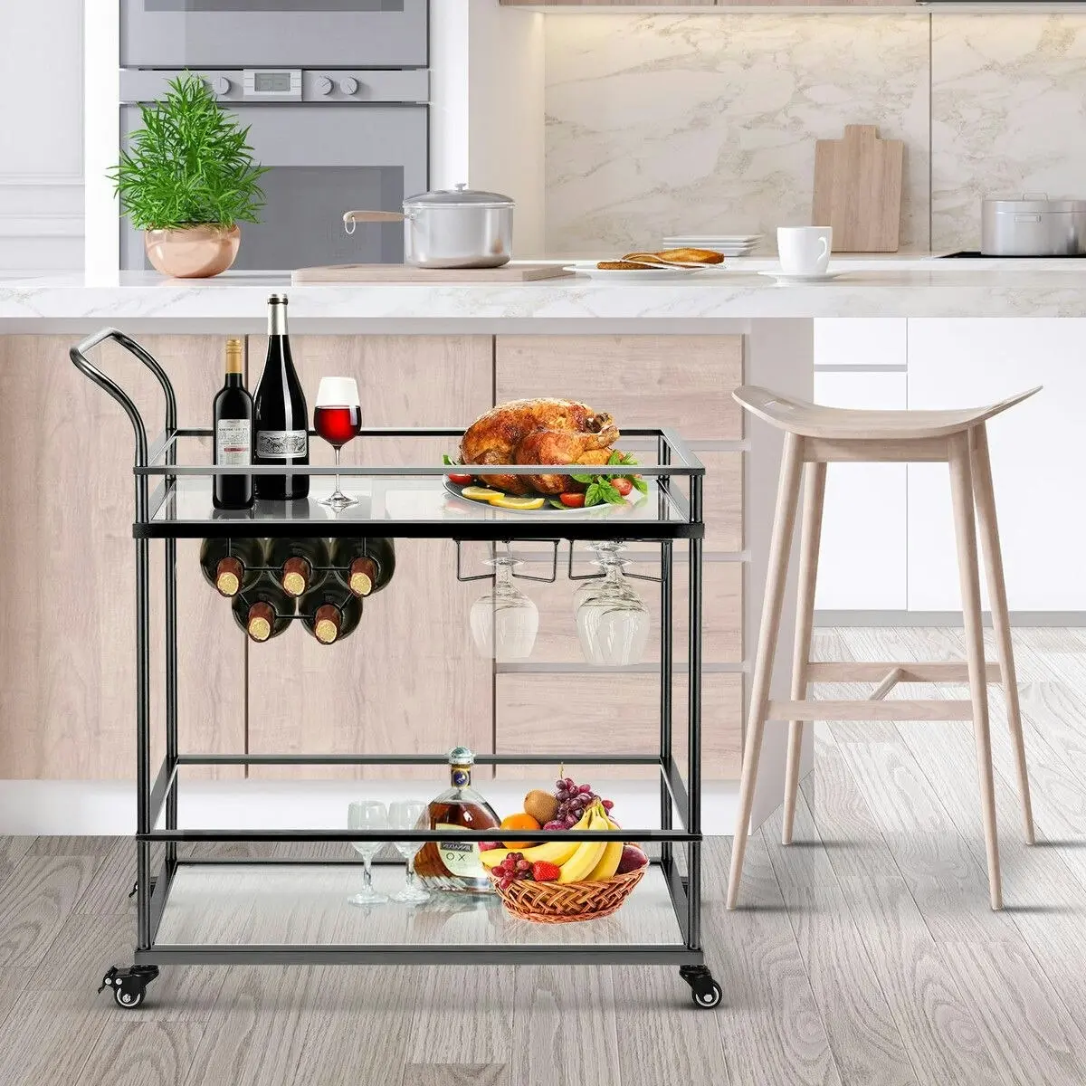 Ausway Bar Cart Black Wine Coffee Trolley Serving Drinks Liquor Tea Cocktail Alcohol Beverage Whiskey Rolling Mobile Bottle Glass Holder Home Storage