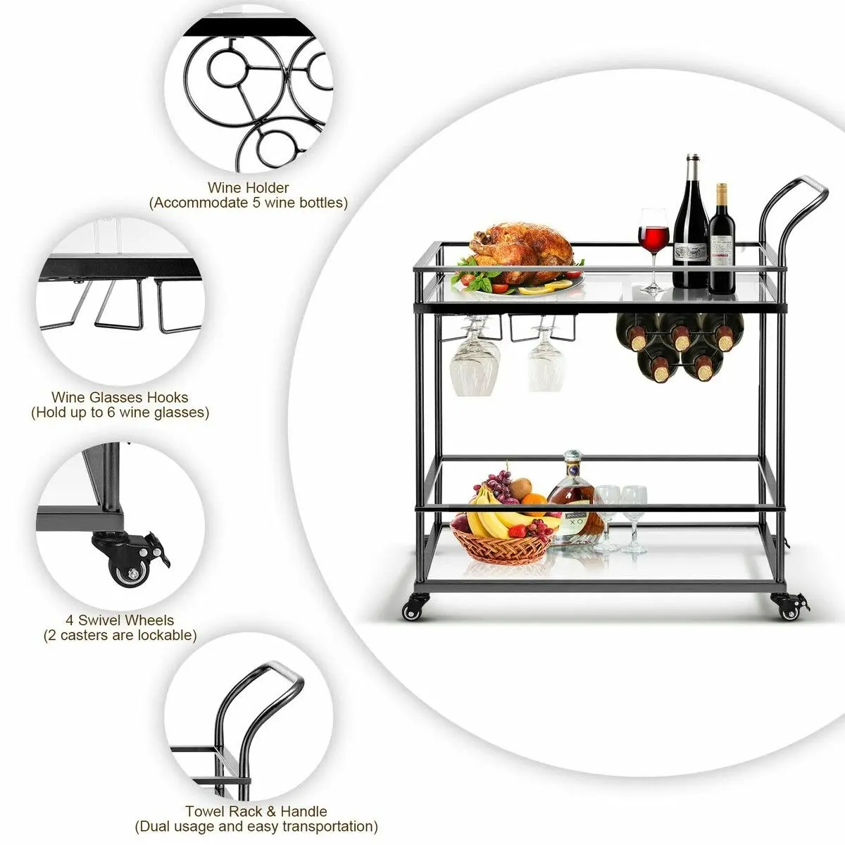 Ausway Bar Cart Black Wine Coffee Trolley Serving Drinks Liquor Tea Cocktail Alcohol Beverage Whiskey Rolling Mobile Bottle Glass Holder Home Storage