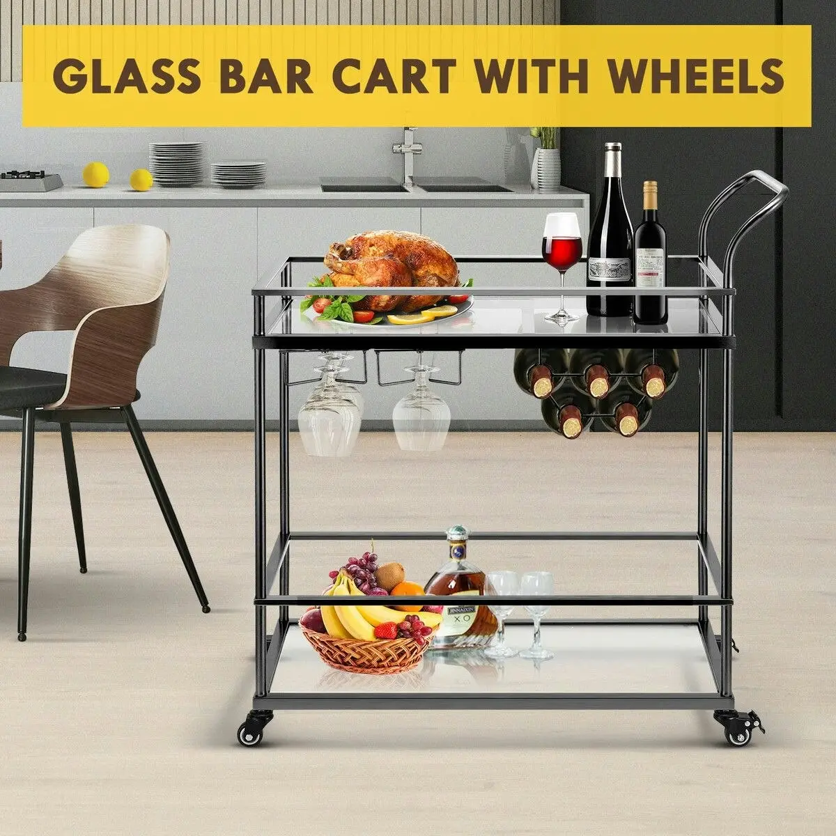 Ausway Bar Cart Black Wine Coffee Trolley Serving Drinks Liquor Tea Cocktail Alcohol Beverage Whiskey Rolling Mobile Bottle Glass Holder Home Storage