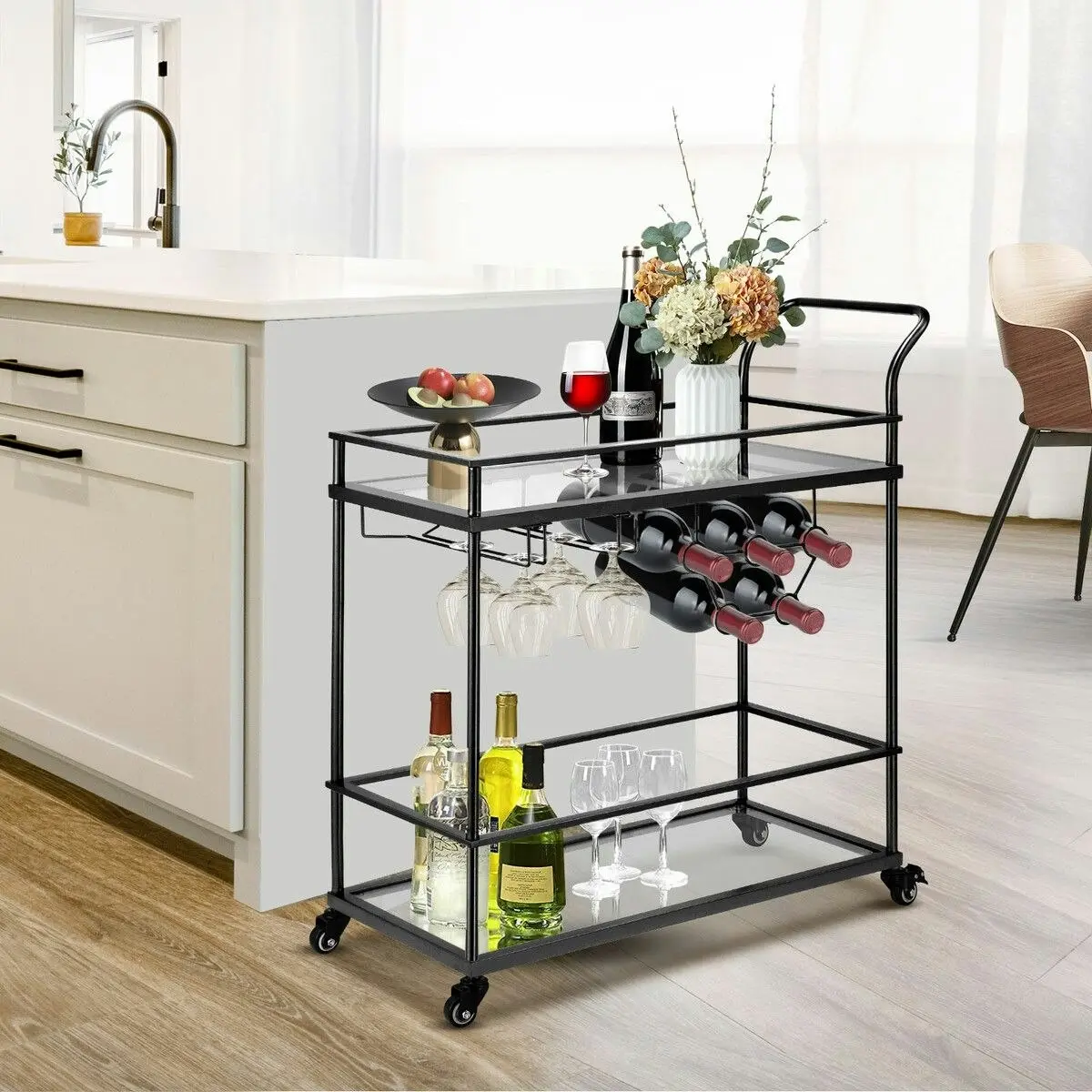 Ausway Bar Cart Black Wine Coffee Trolley Serving Drinks Liquor Tea Cocktail Alcohol Beverage Whiskey Rolling Mobile Bottle Glass Holder Home Storage