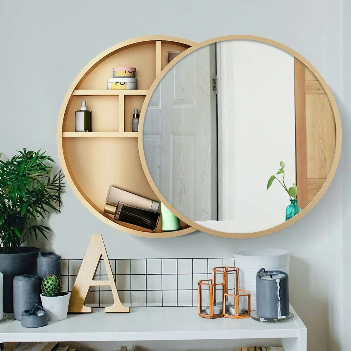 Ausway Bathroom Mirrored Cabinet Medicine Vanity Round Wall Mirror Cupboard with Storage Sliding Door Gold 60cm Diameter