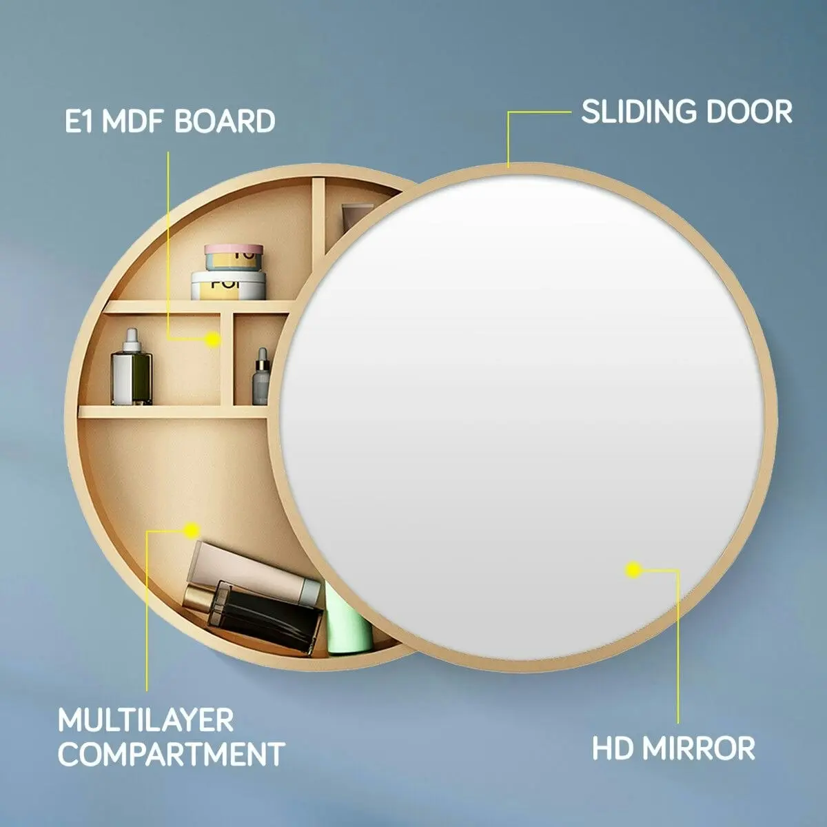 Ausway Bathroom Mirrored Cabinet Medicine Vanity Round Wall Mirror Cupboard with Storage Sliding Door Gold 60cm Diameter