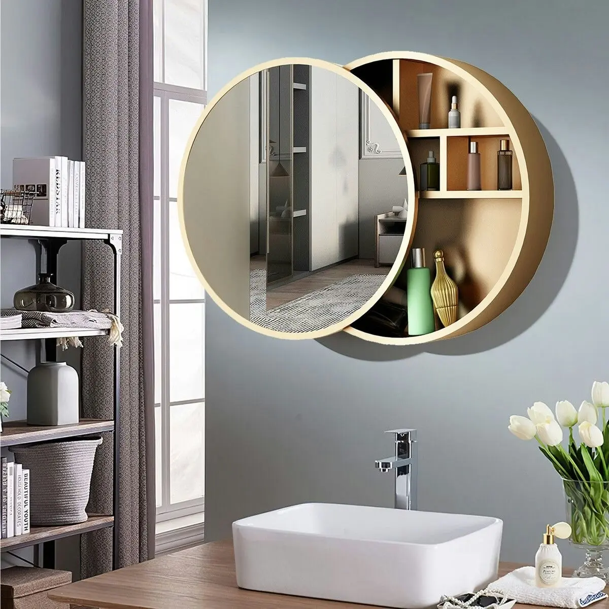 Ausway Bathroom Mirrored Cabinet Medicine Vanity Round Wall Mirror Cupboard with Storage Sliding Door Gold 60cm Diameter