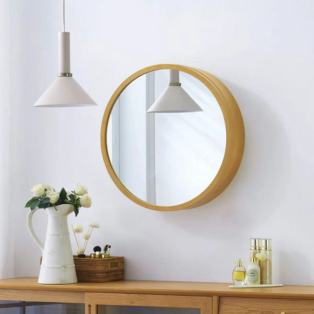 Ausway Bathroom Mirrored Cabinet Medicine Vanity Round Wall Mirror Cupboard with Storage Sliding Door Gold 60cm Diameter