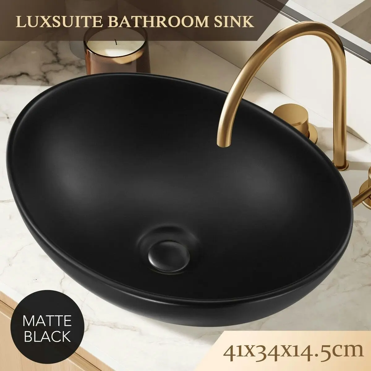 LUXSUITE Black Bathroom Sink Basin Vessel Wash Washing Vanity Bowl Countertop Above Counter Toilet Bath Hand Modern Oval Ceramic