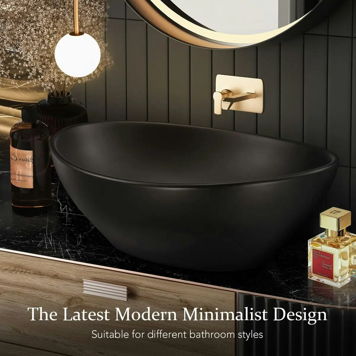 LUXSUITE Black Bathroom Sink Basin Vessel Wash Washing Vanity Bowl Countertop Above Counter Toilet Bath Hand Modern Oval Ceramic