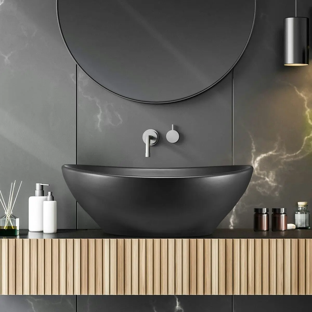 LUXSUITE Black Bathroom Sink Basin Vessel Wash Washing Vanity Bowl Countertop Above Counter Toilet Bath Hand Modern Oval Ceramic