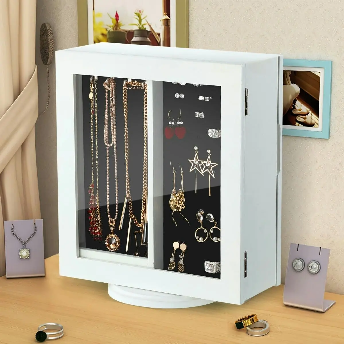 Ausway 360 Degree Rotating Jewellery Cabinet Organiser Mirror Jewelry Cabinet Box for Earring Necklace Ring White