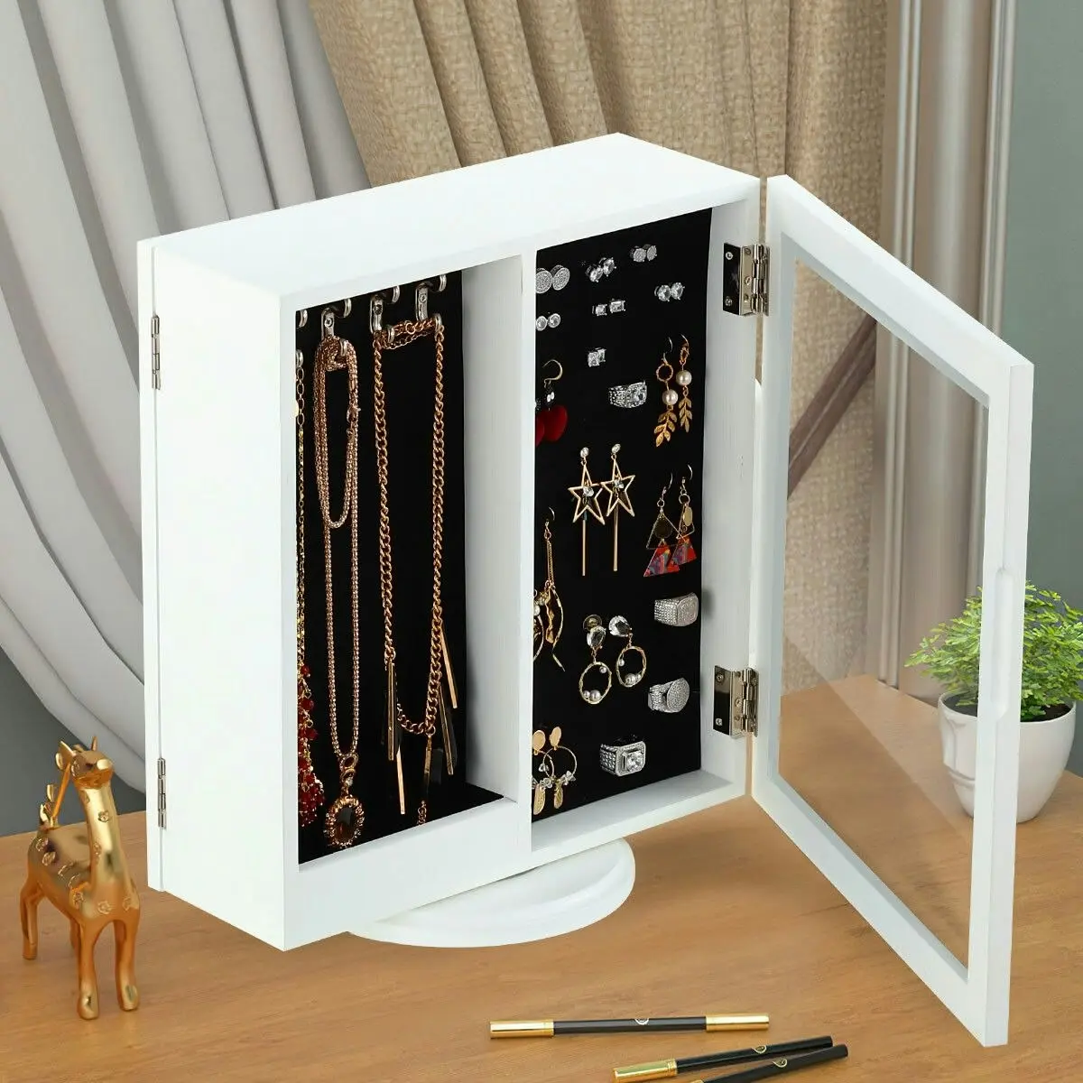 Ausway 360 Degree Rotating Jewellery Cabinet Organiser Mirror Jewelry Cabinet Box for Earring Necklace Ring White