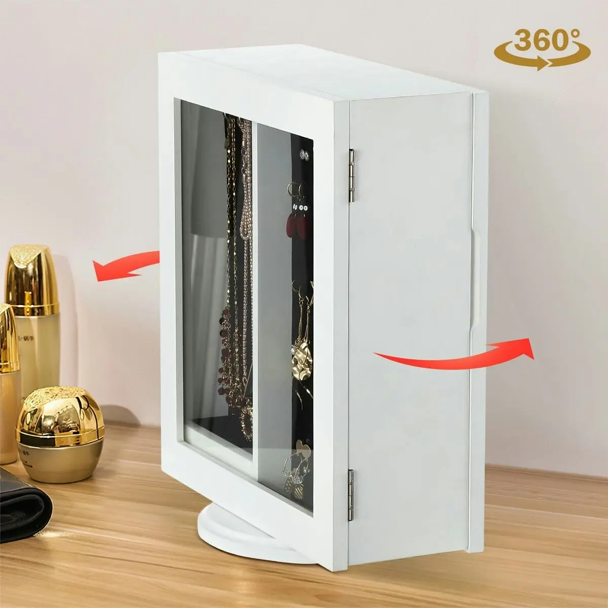 Ausway 360 Degree Rotating Jewellery Cabinet Organiser Mirror Jewelry Cabinet Box for Earring Necklace Ring White