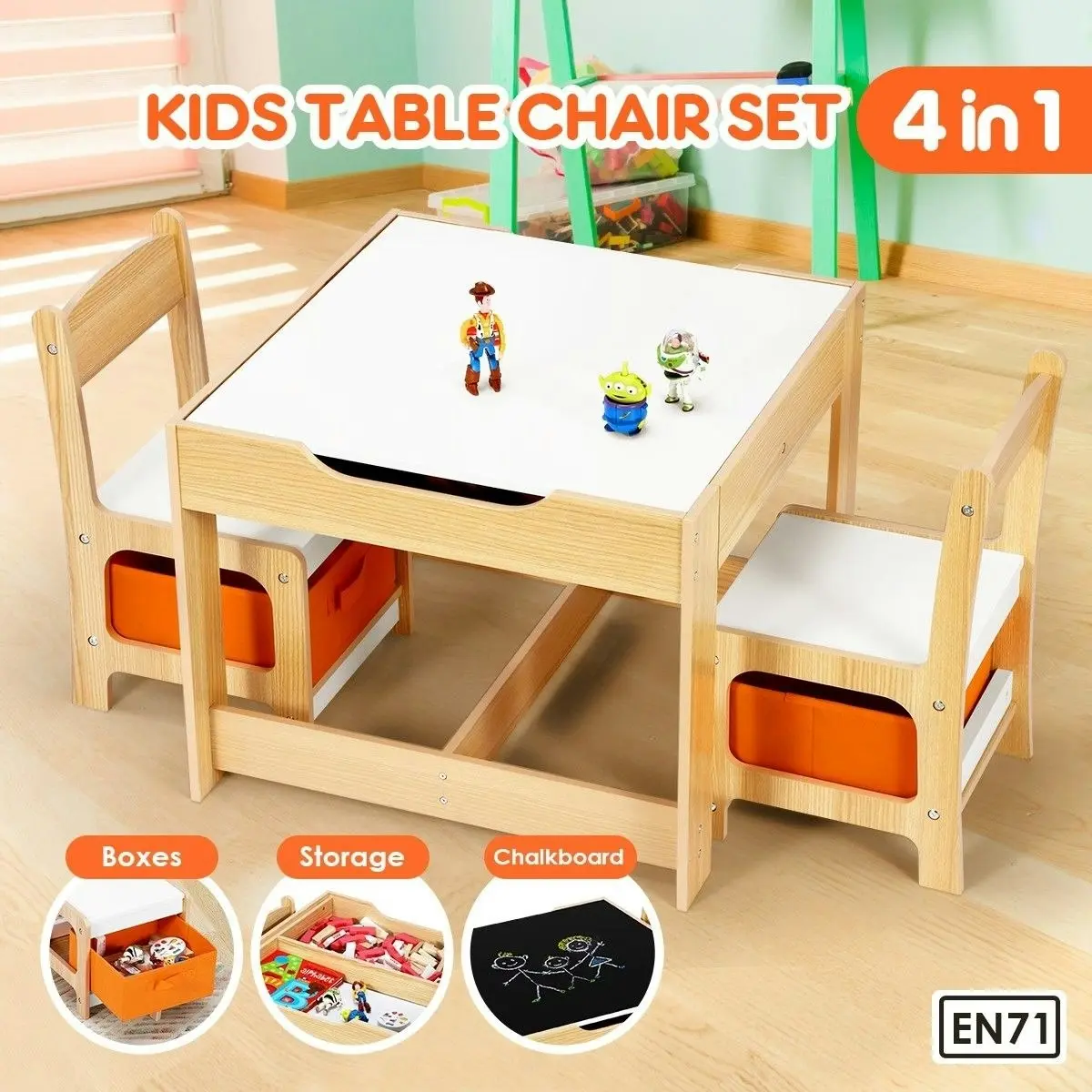 Kidbot  3-Piece Kids Table and Chair Set Multifunctional Activity Play Toys Storage Bins