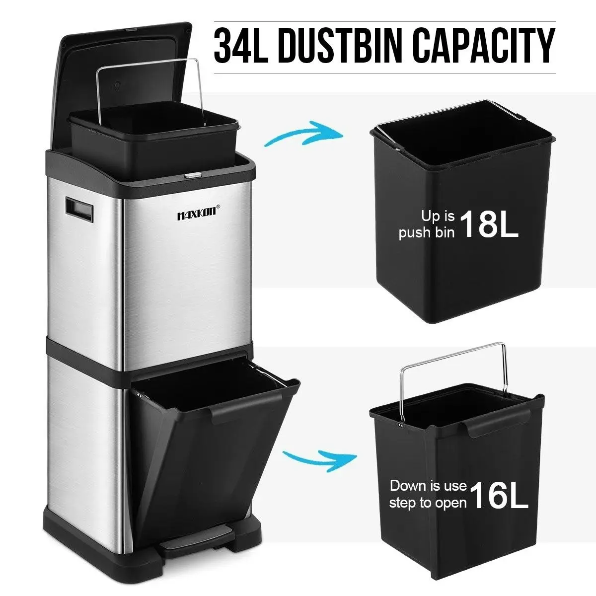 Maxkon 34L Two Layer Press Top Dustbin Kitchen Waste Pedal Bin Garbage Trash Can