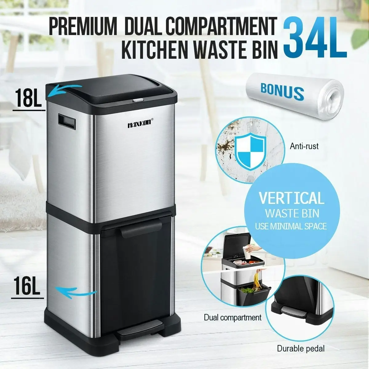 Maxkon 34L Two Layer Press Top Dustbin Kitchen Waste Pedal Bin Garbage Trash Can