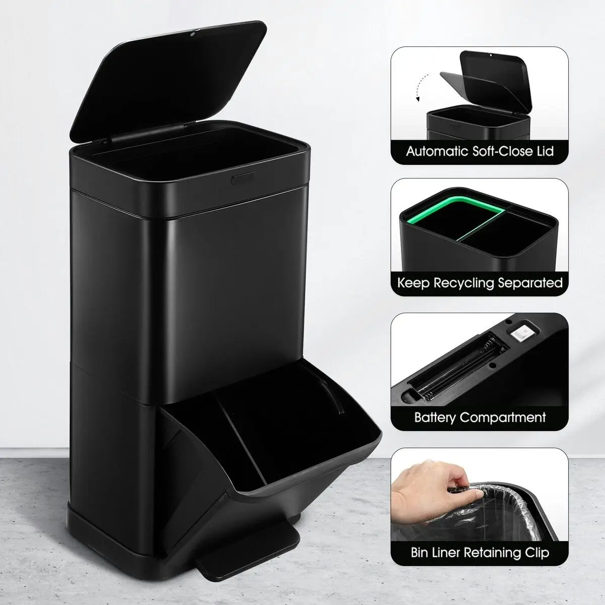 Maxkon Rubbish Bin Recycling 70L Kitchen Waste Trash Can Dust Garbage Pedal Motion Sensor Dual Compartment Stainless Steel Container Household