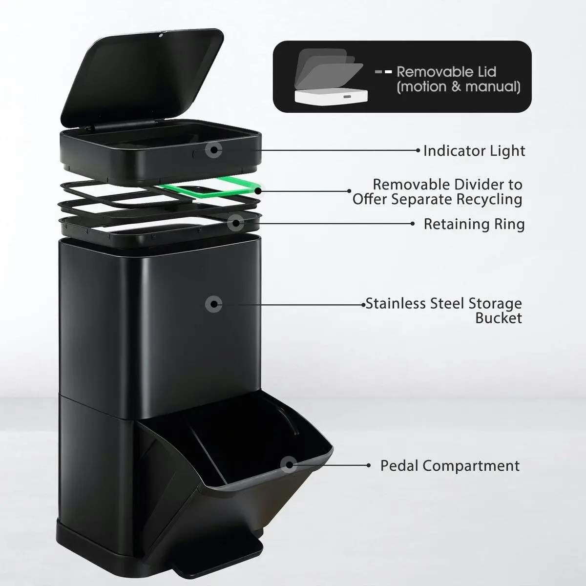 Maxkon Rubbish Bin Recycling 70L Kitchen Waste Trash Can Dust Garbage Pedal Motion Sensor Dual Compartment Stainless Steel Container Household