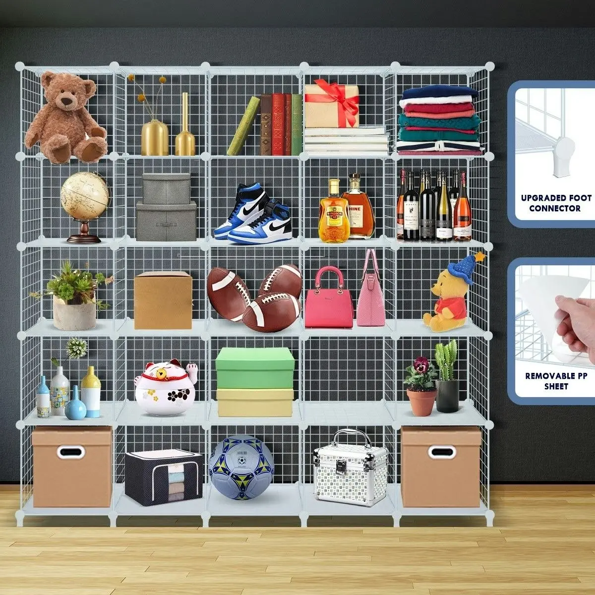 Ausway 25 Cubes Grid Wire Storage Shelf Cabinet DIY Metal Modular Organizer Rack White